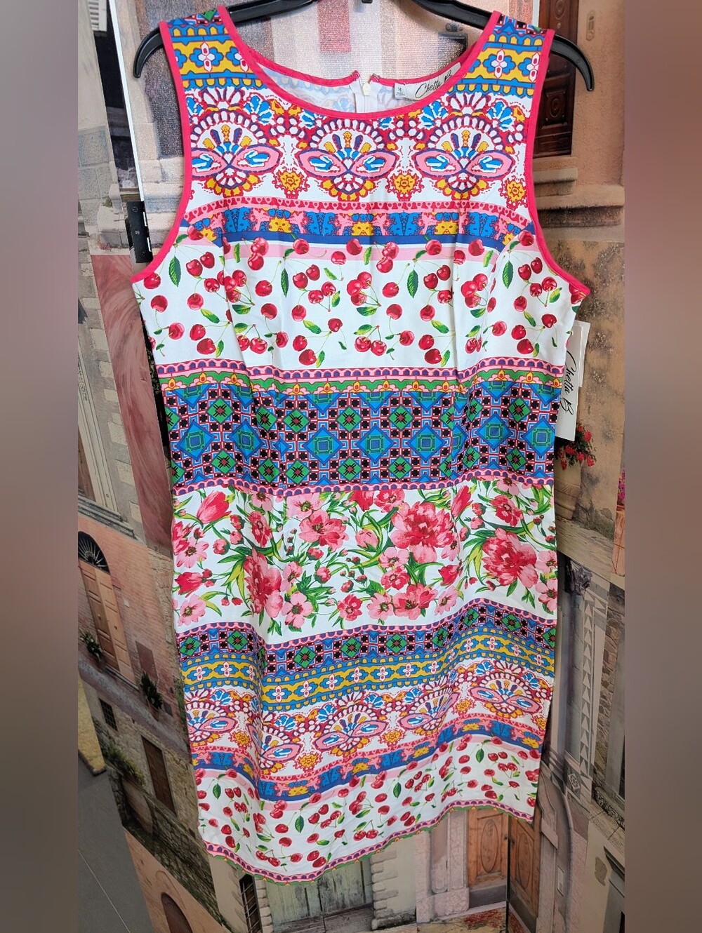 Chetta B Multicolor Floral & Cherry Print Sleeveless Midi Dress